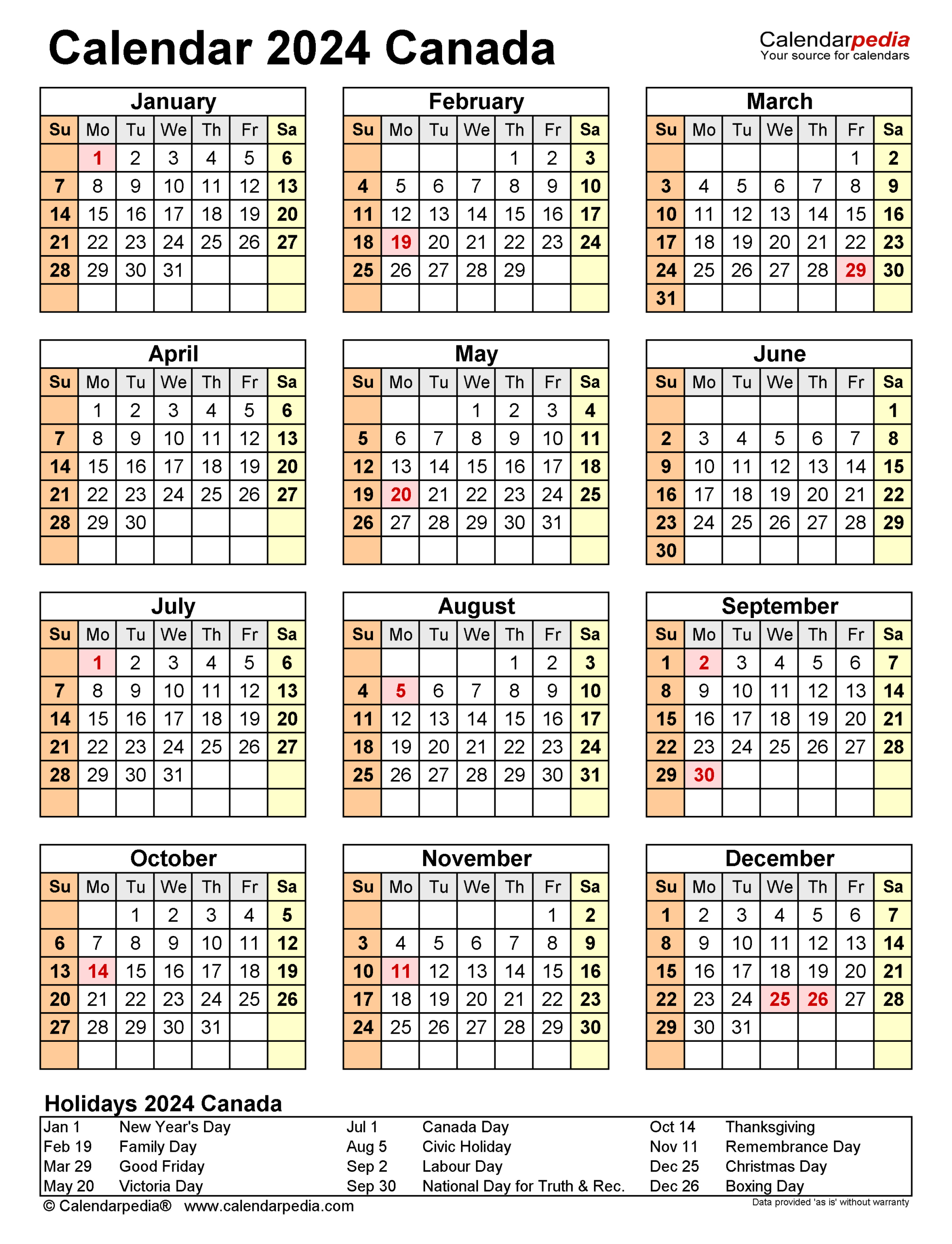 Canada Calendar 2024 - Free Printable Excel Templates | 2024 Canadian Calendar Printable