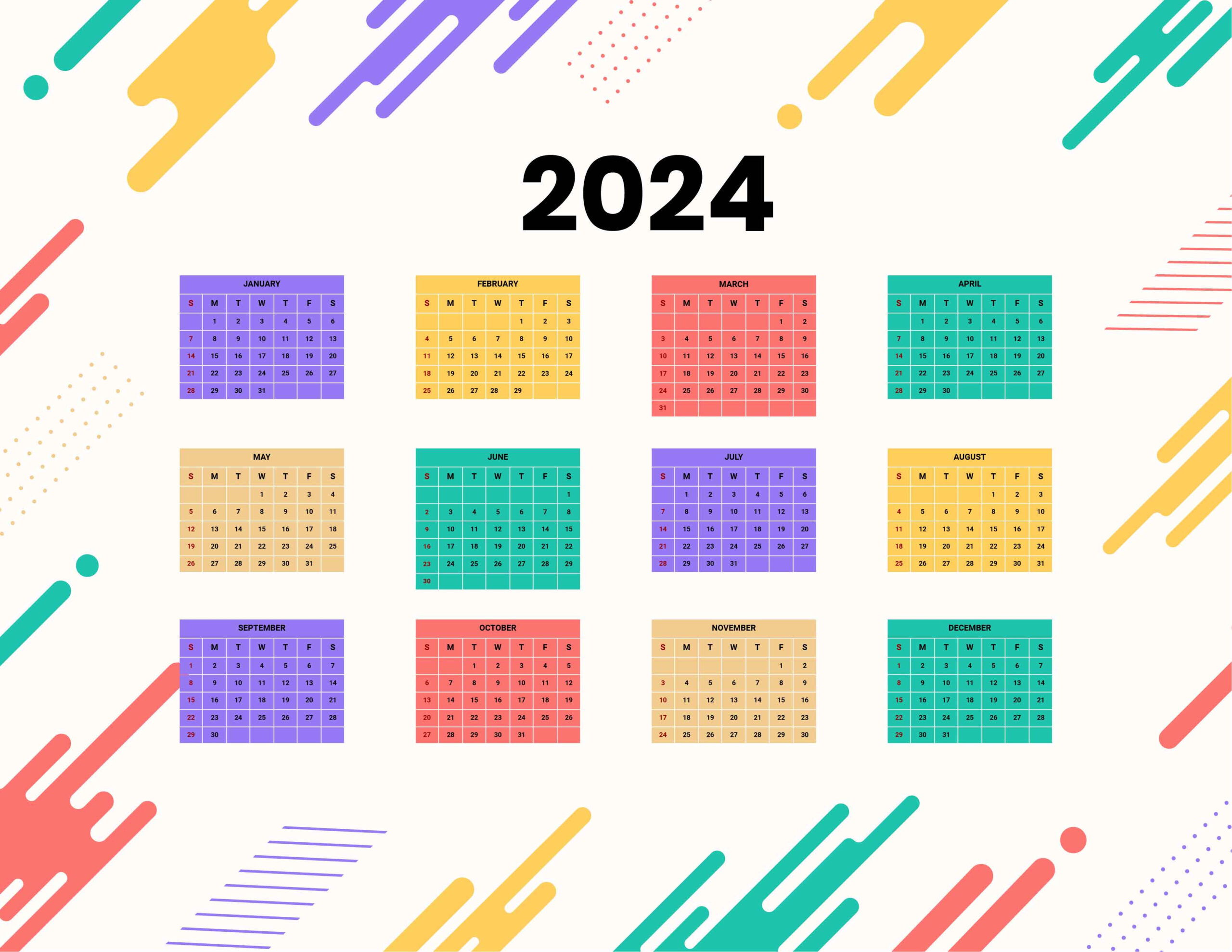 Colorful Year 2024 Calendar - Download In Word, Google Docs |  Calendar 2024