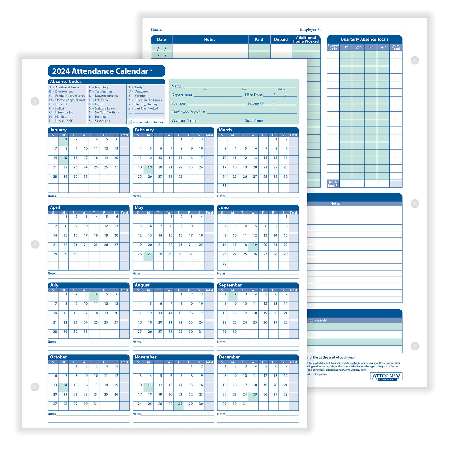 Complyrightdealer | 2024 Attendance Calendar Card, Pack Of 25 |  Calendar 2024