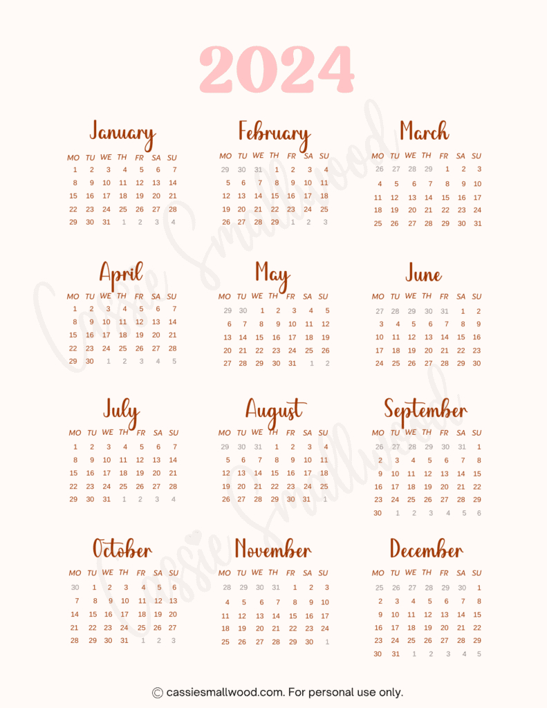 Cute Free Printable Monthly Calendar 2024 - Cassie Smallwood |  Calendar 2024