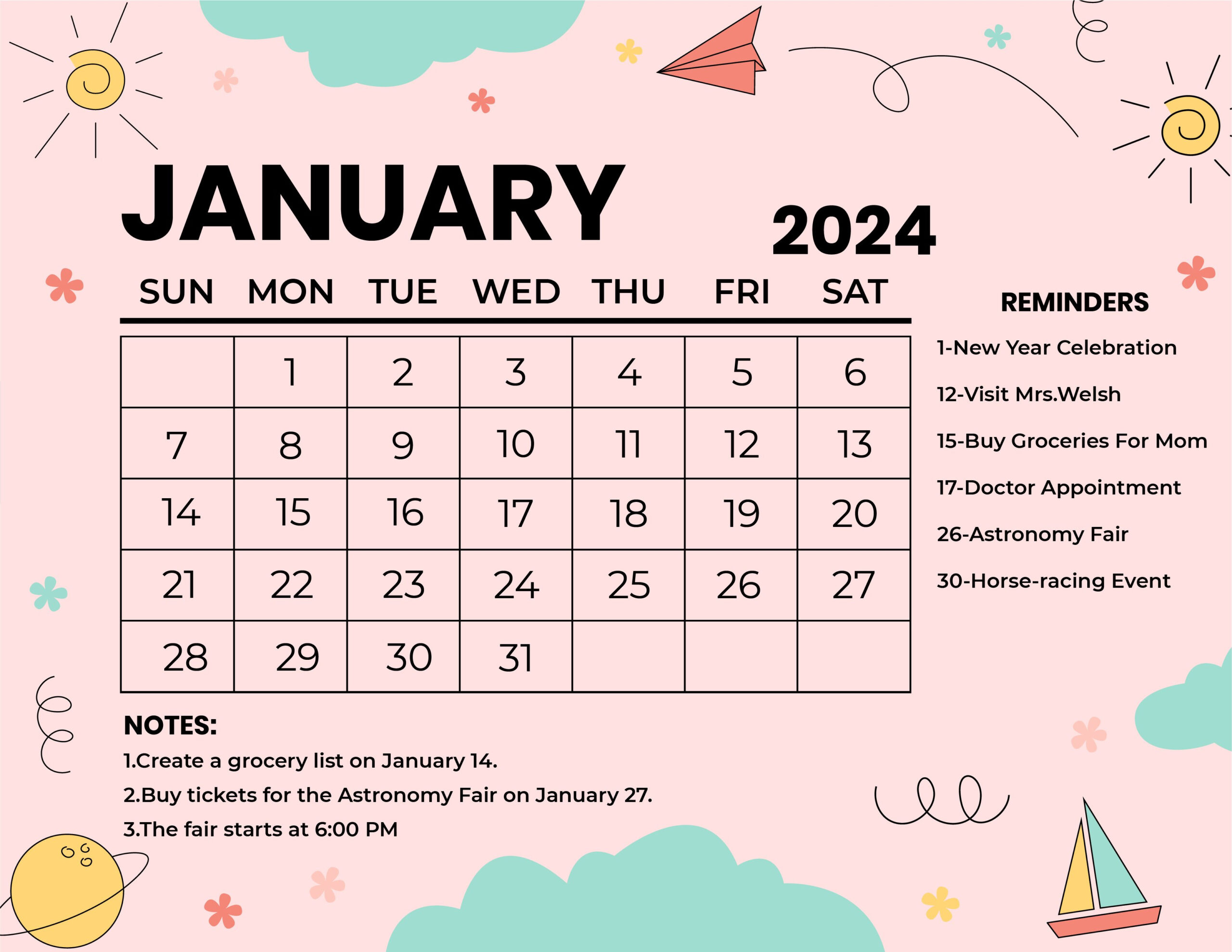 Cute January 2024 Calendar - Download In Word, Illustrator, Eps | January 2024 Printable Calendar Word