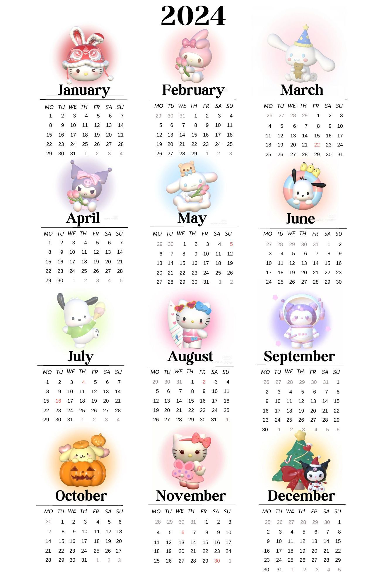 Cute Sanrio Yearly 2024 Calendar Poster In 2023 | Hello Kitty | Printable Sanrio Calendar 2024