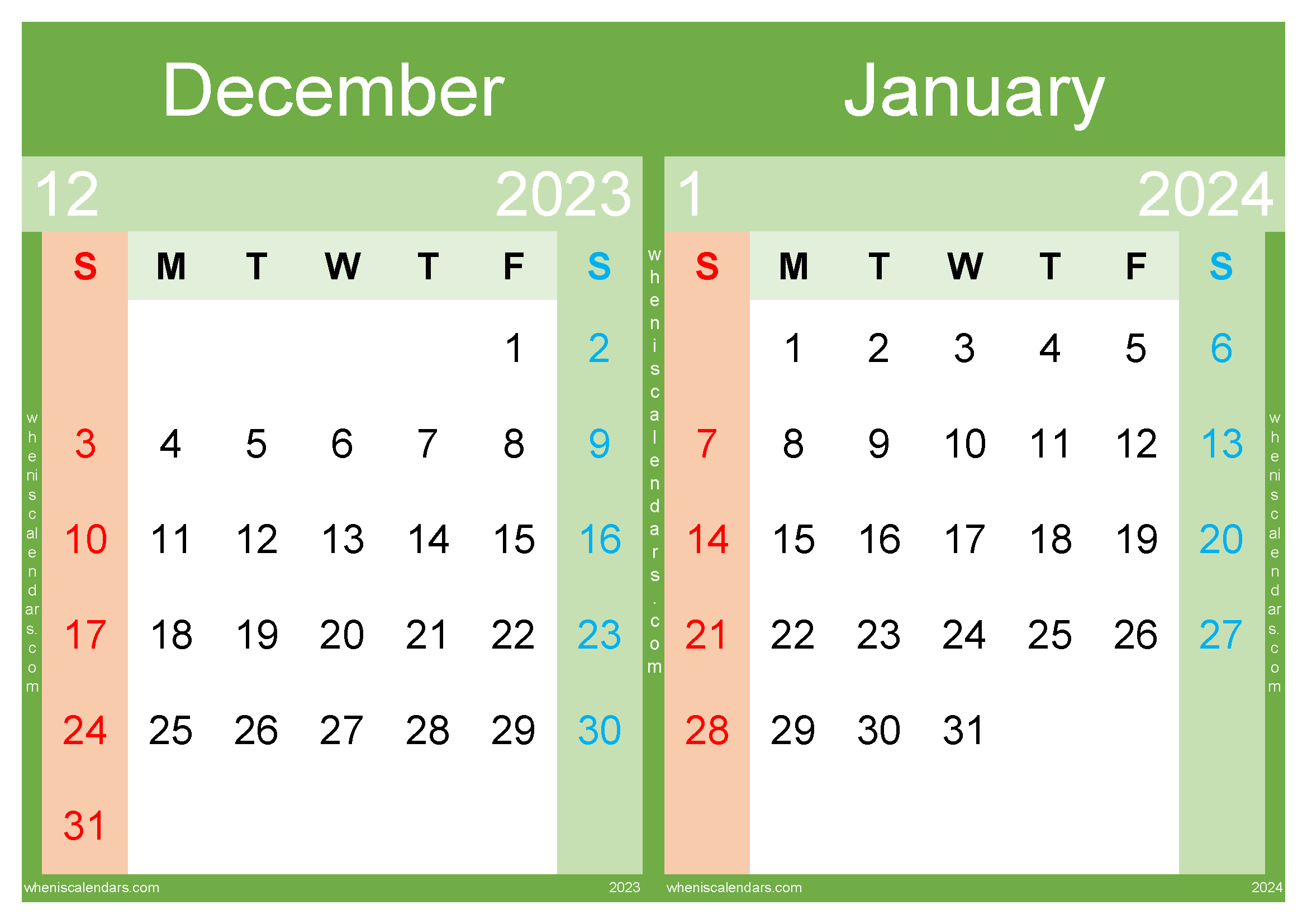 December 2023 And January 2024 Calendar Template (Dj2319) | Printable Calendar December 2023 and January 2024