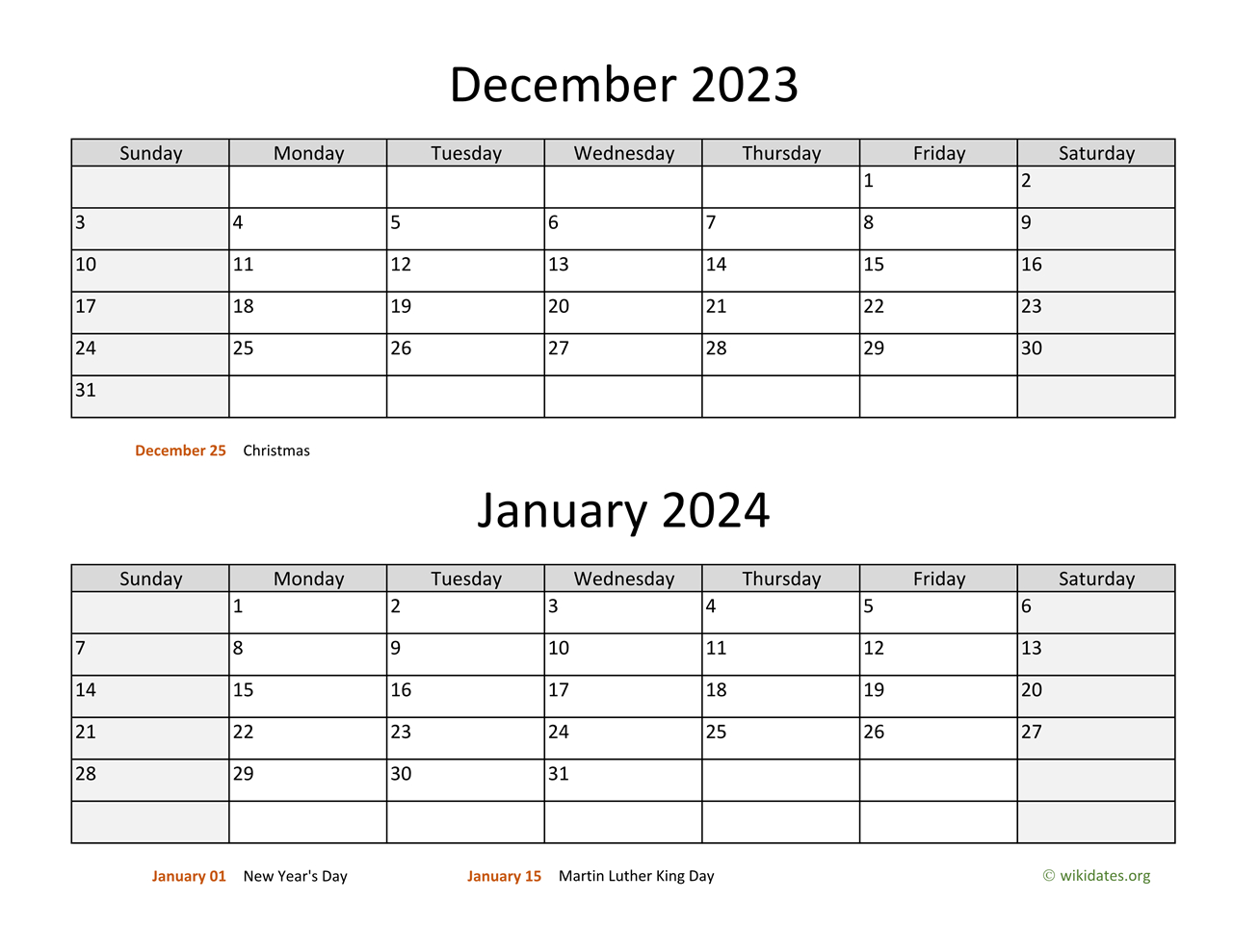 December 2023 And January 2024 Calendar | Wikidates |  Calendar 2024