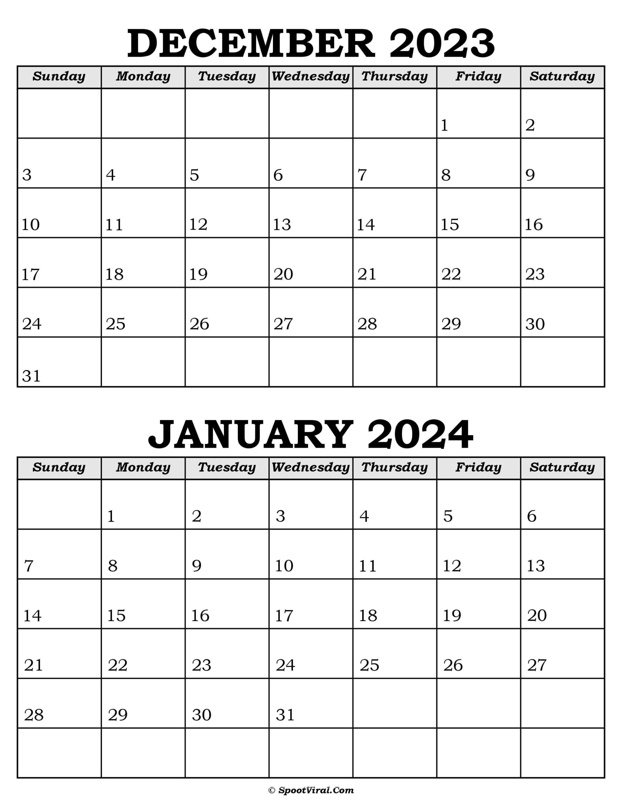 Printable Calendar December 2023 and January 2024 | Calendar 2024 ...