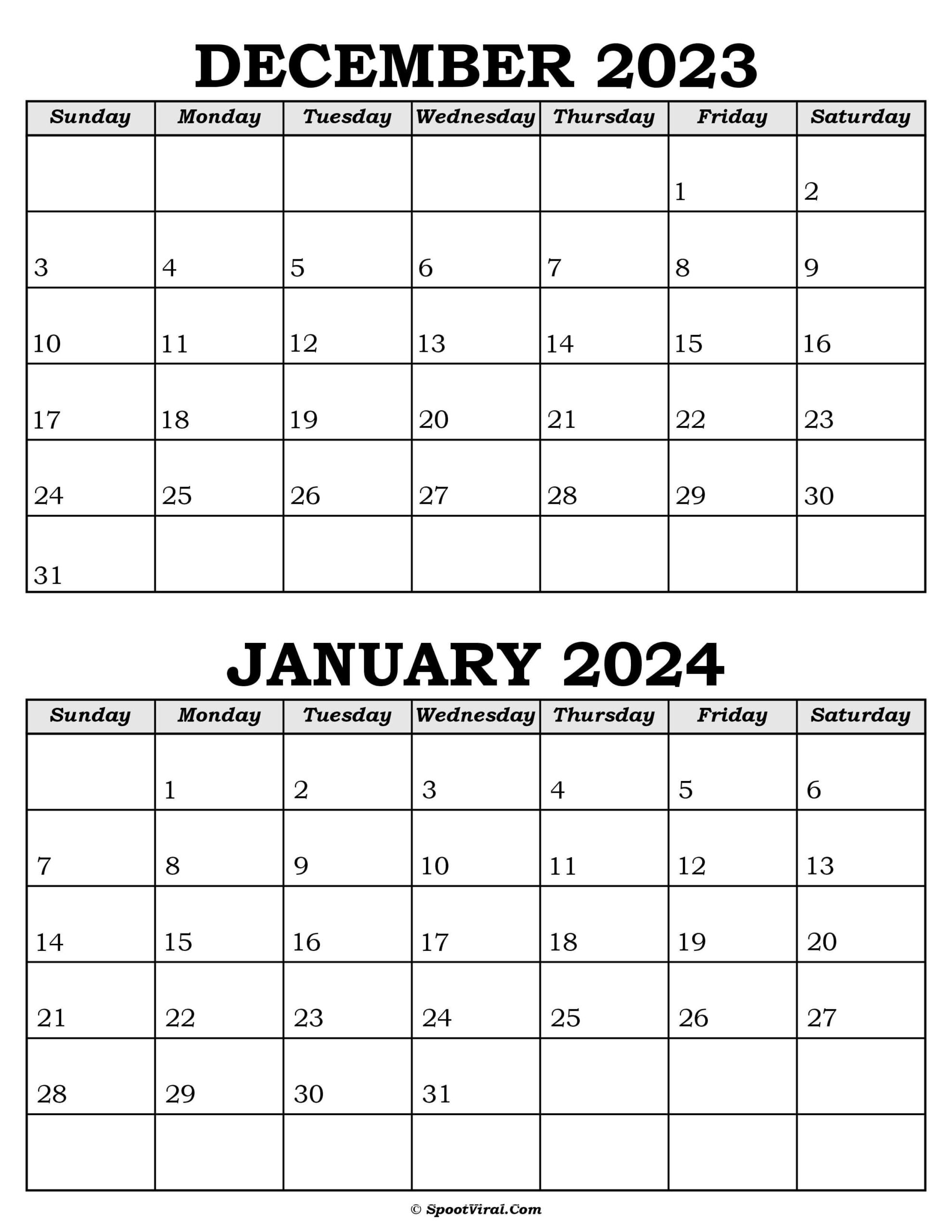 December 2023 January 2024 Calendar Templates - Spootviral | December 2023 And January 2024 Calendar Printable