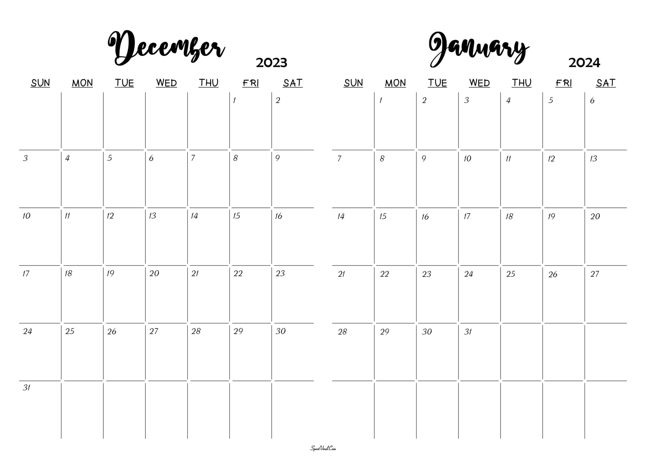 December 2023 January 2024 Calendar Templates - Spootviral | Printable Calendar December 2023 And January 2024