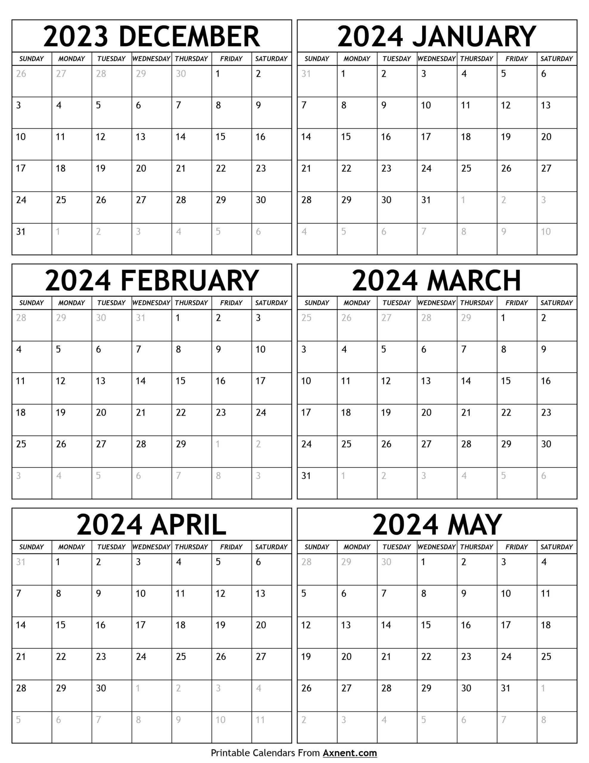 December 2023 To May 2024 Calendar Template - Six Months | Printable Calendar December 2023 and January 2024