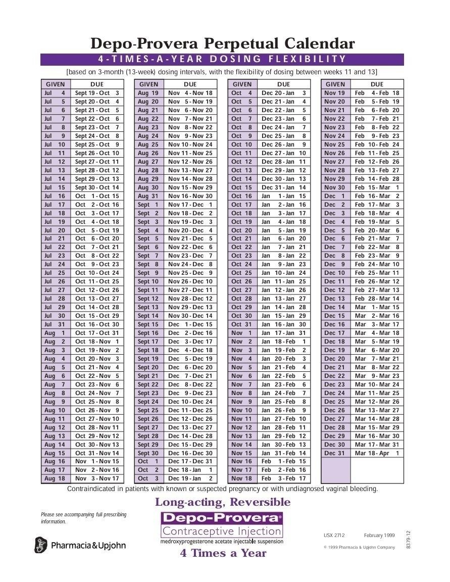 Depo Provera Perpetual Calendar 2019 Printable – Template | Print |  Calendar 2024