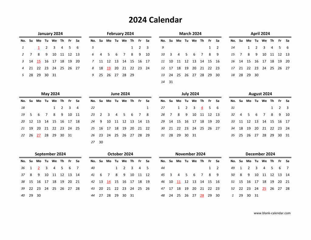 Download Blank Calendar 2024 (12 Months On One Page, Horizontal) | 2024 12 Month Calendar On One Page Printable