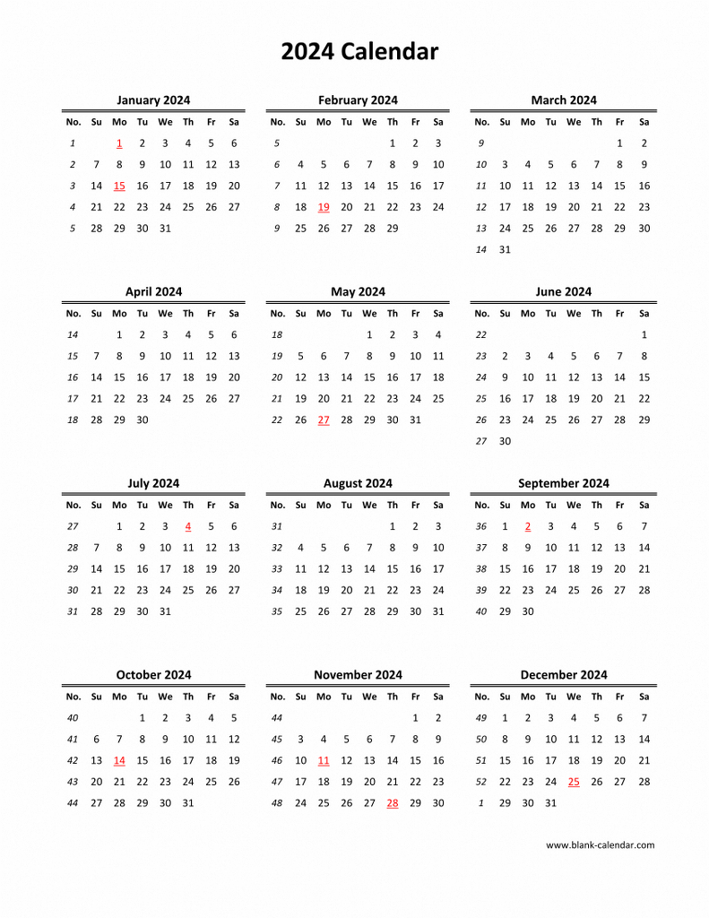 Download Blank Calendar 2024 (12 Months On One Page, Vertical) | 2024 Calendar Printable Vertical