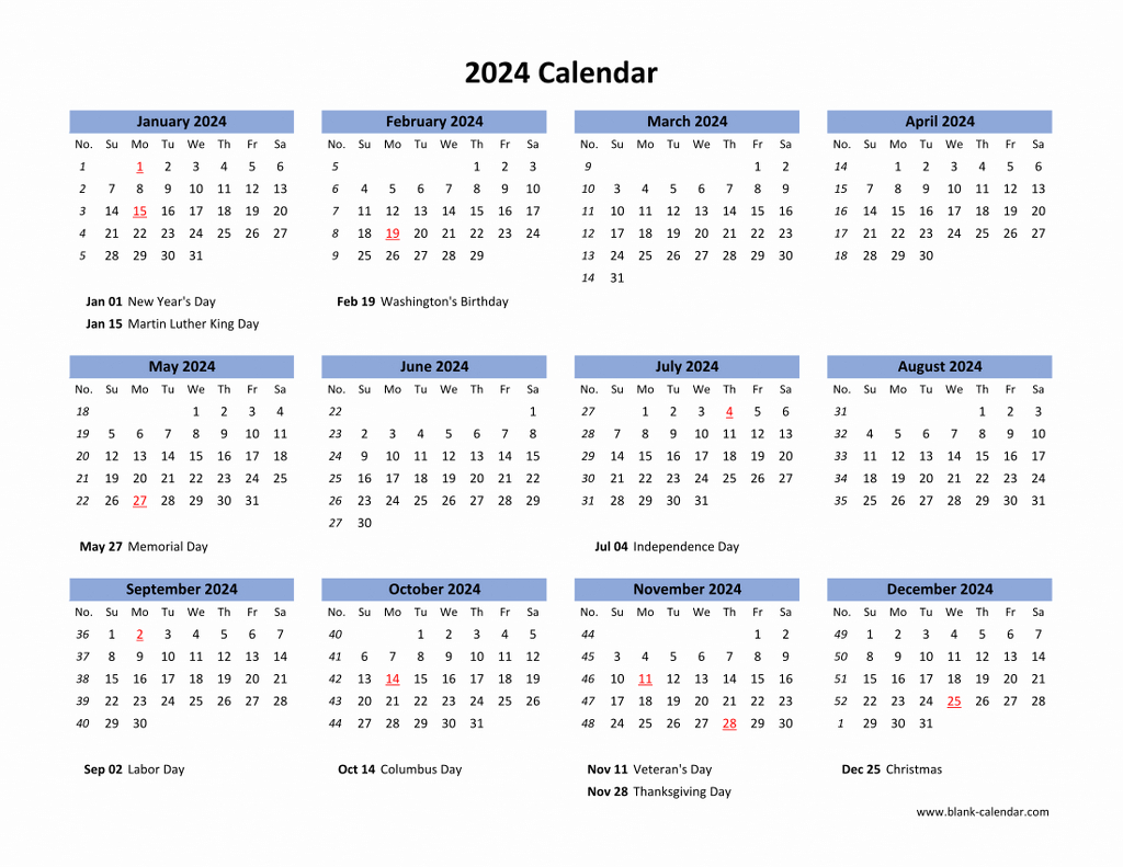 Download Blank Calendar 2024 With Us Holidays (12 Months On One | 2024 Printable Calendar One Page with Holidays