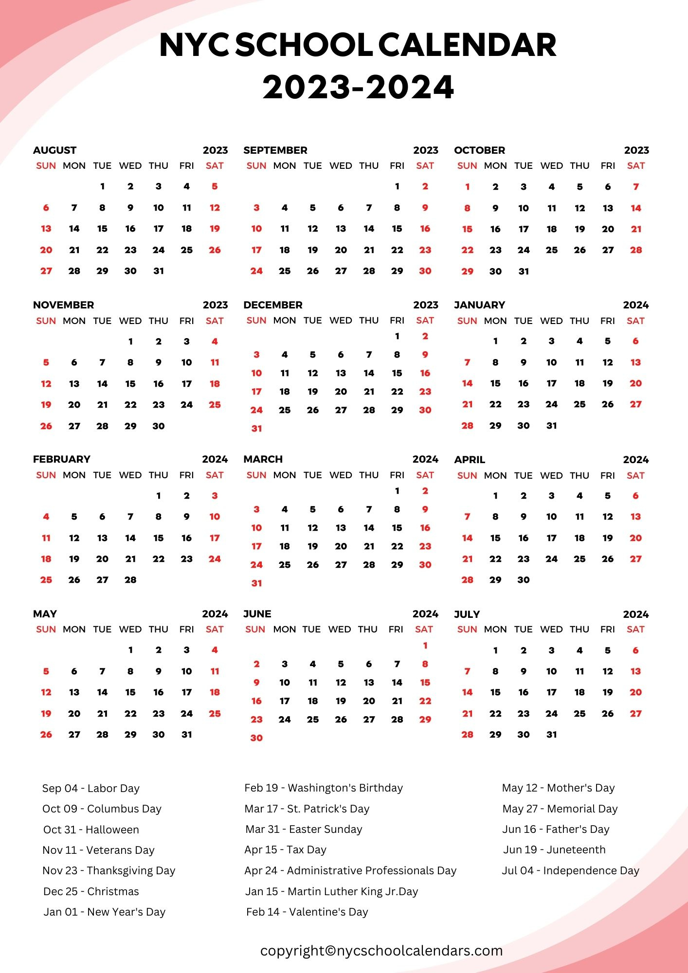 ❤️Nyc School Calendar 2023 With Holidays [New York] ✓ |  Calendar 2024