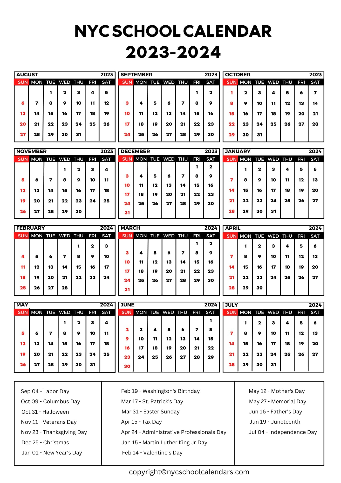 ❤️Nyc School Calendar 2023 With Holidays [New York] ✓ | Nyc School Calendar 2023 to 2024 Printable