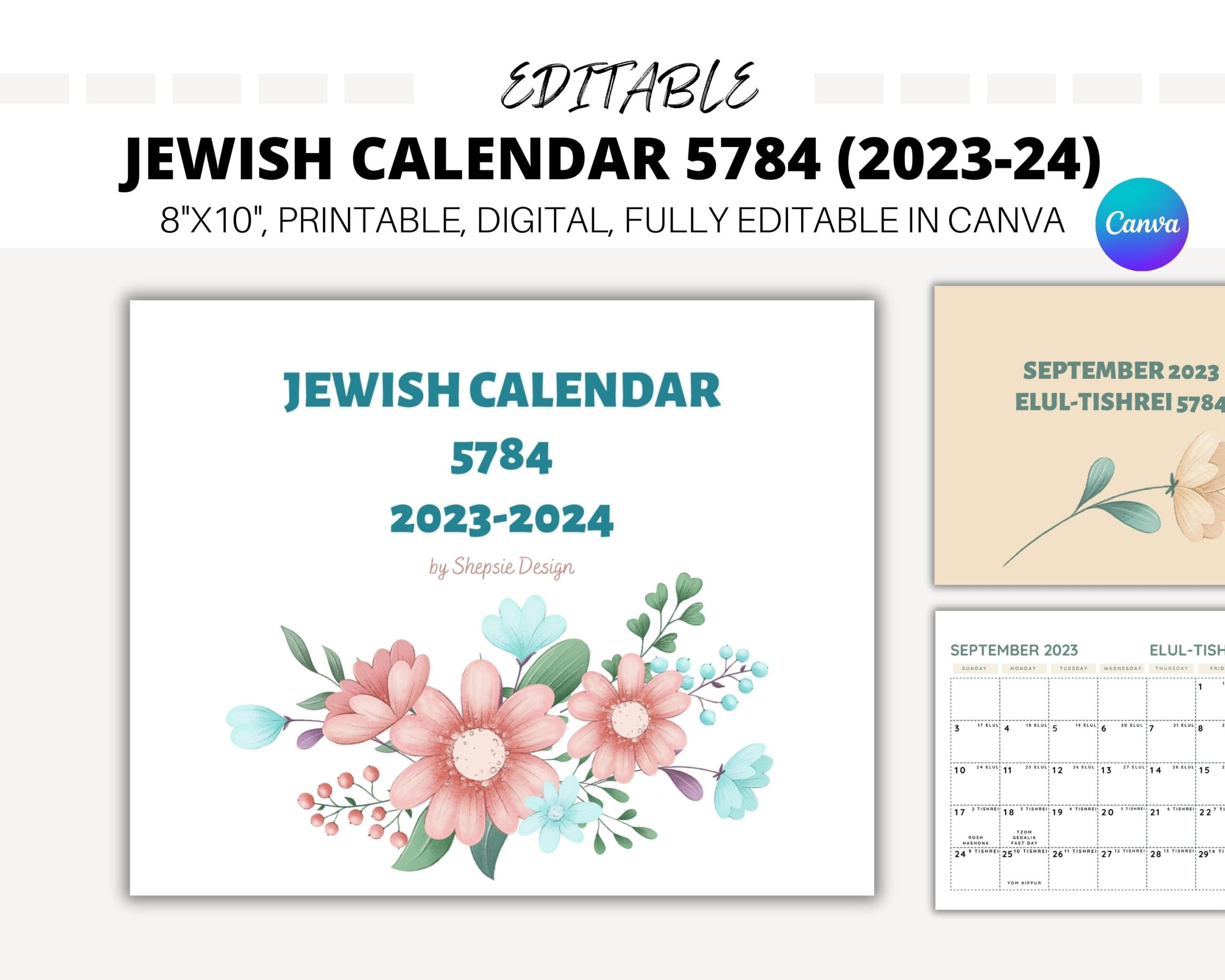 Editable Jewish Calendar 2024, Hebrew Calendar 5784, Printable Jewish  Calendar 5784, Jewish Holidays Calendar For Wall, Wall Calendar | Printable Jewish Calendar 2023 2024