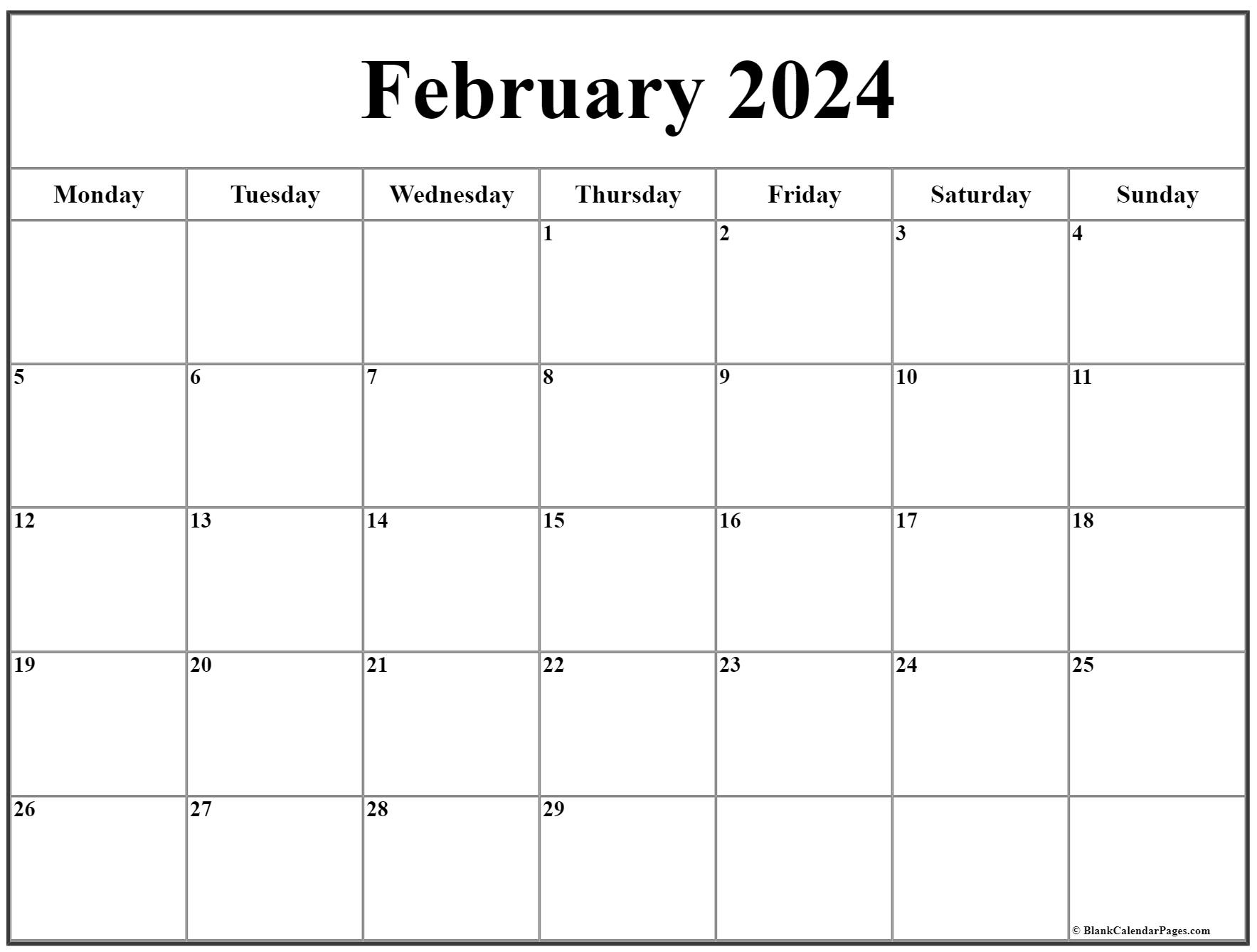 February 2024 Monday Calendar | Monday To Sunday |  Calendar 2024