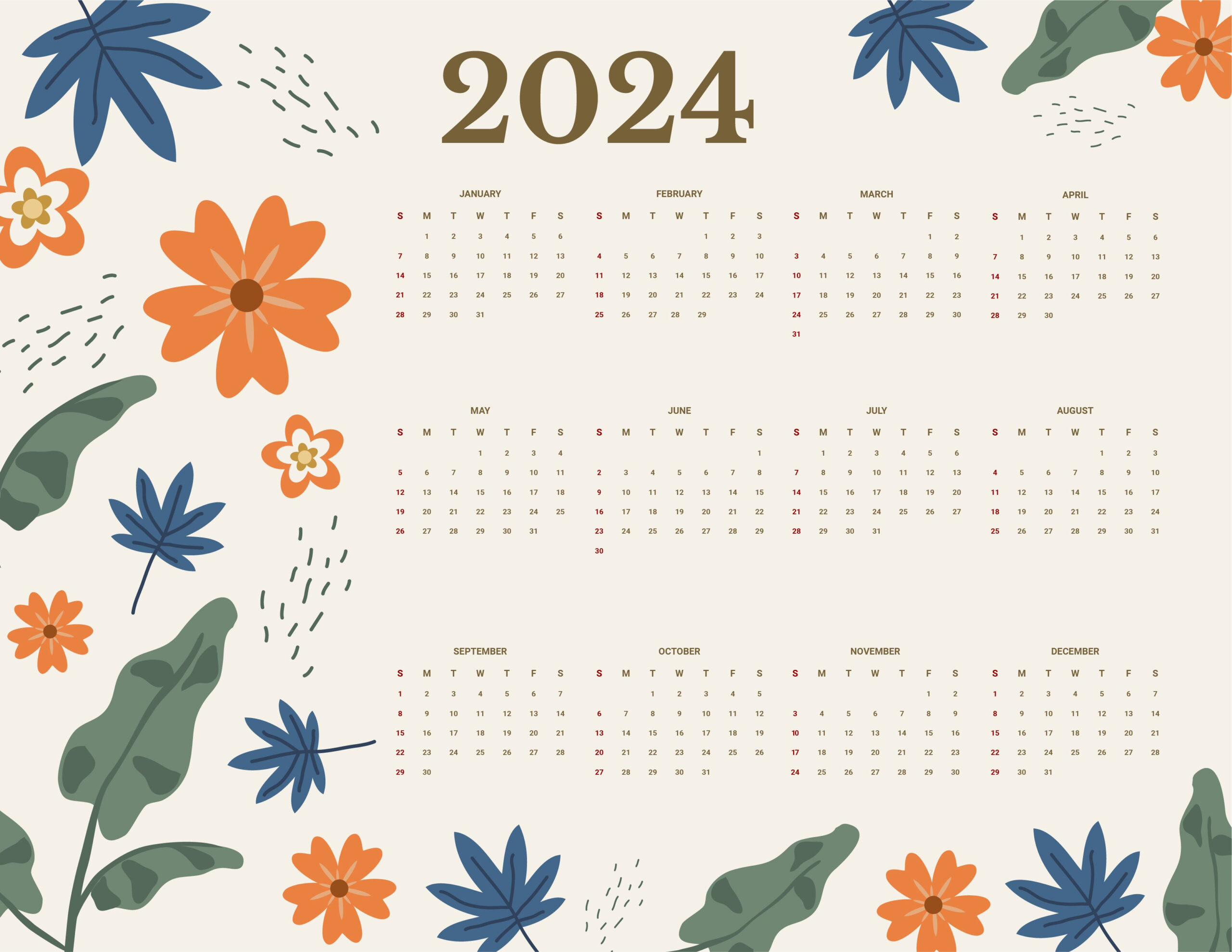 Floral Year 2024 Calendar - Download In Word, Google Docs | 2024 Floral Calendar Printable