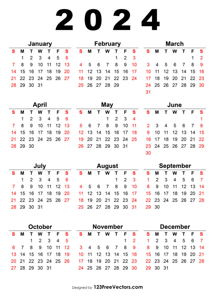 2024 Yearly Calendar Printable One Page 