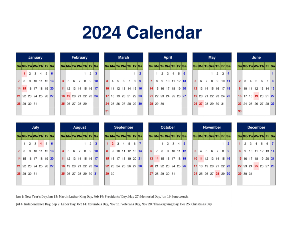 Free 2024 Calendar Printable Pdf With Holidays Templates | 2024 Calendar Strip Printable