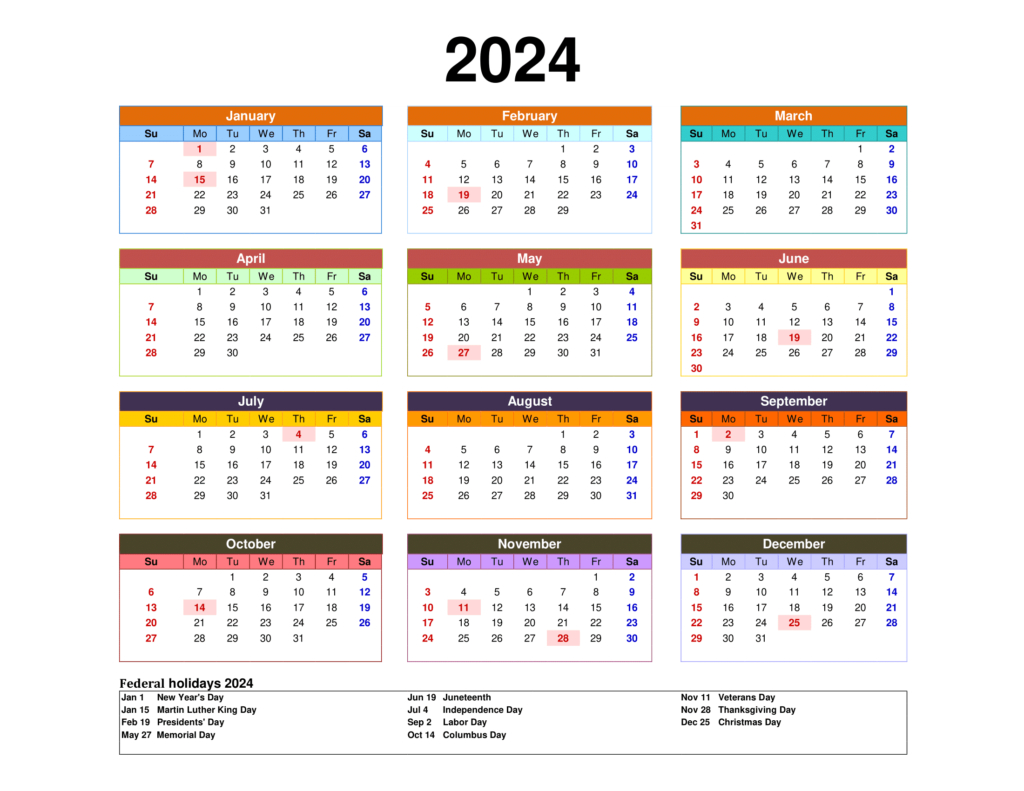 Free 2024 Calendar Printable Pdf With Holidays Templates | 2024 Printable Holiday Calendar