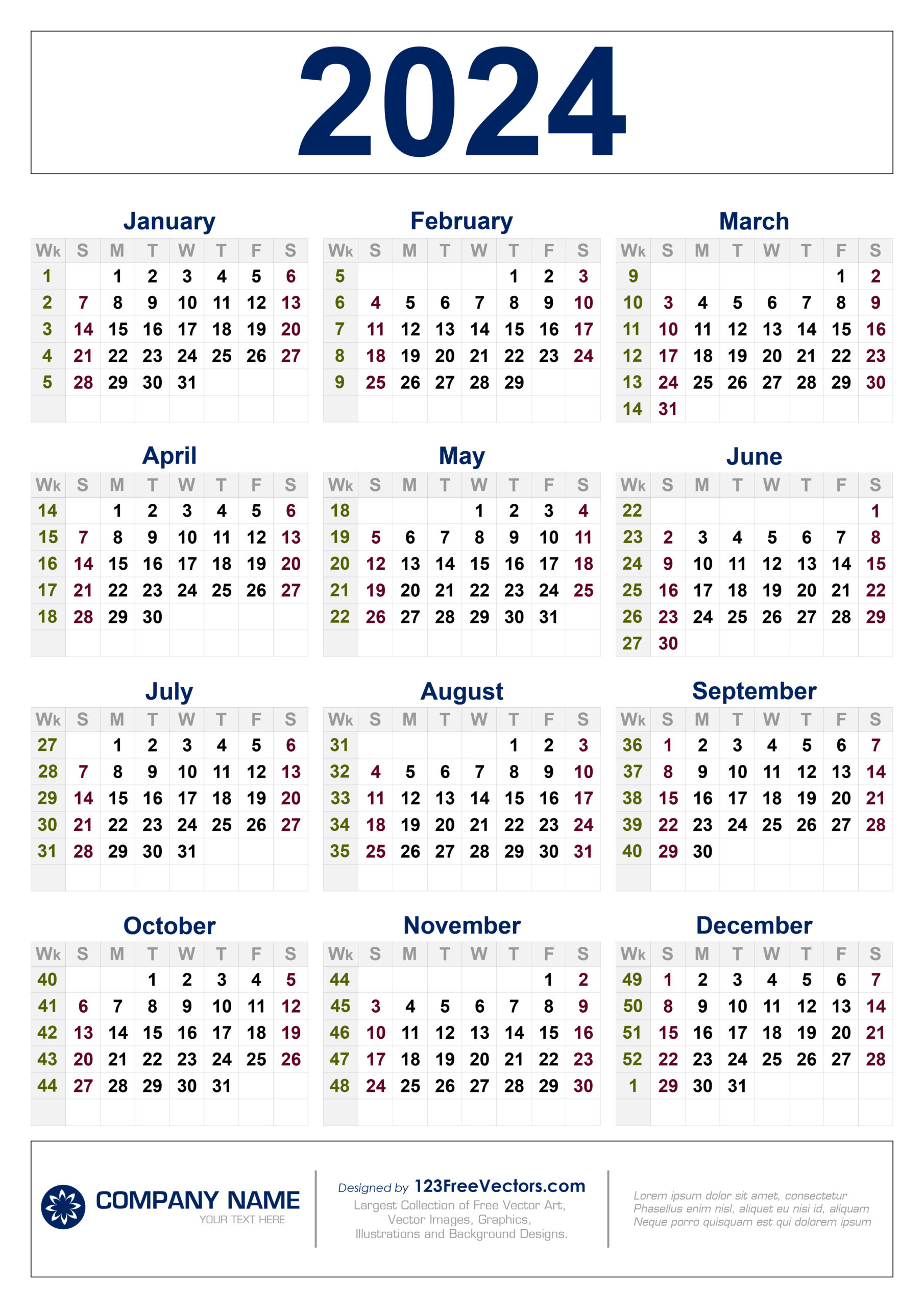 Free 2024 Calendar With Week Numbers | 2024 Calendar Weeks Printable