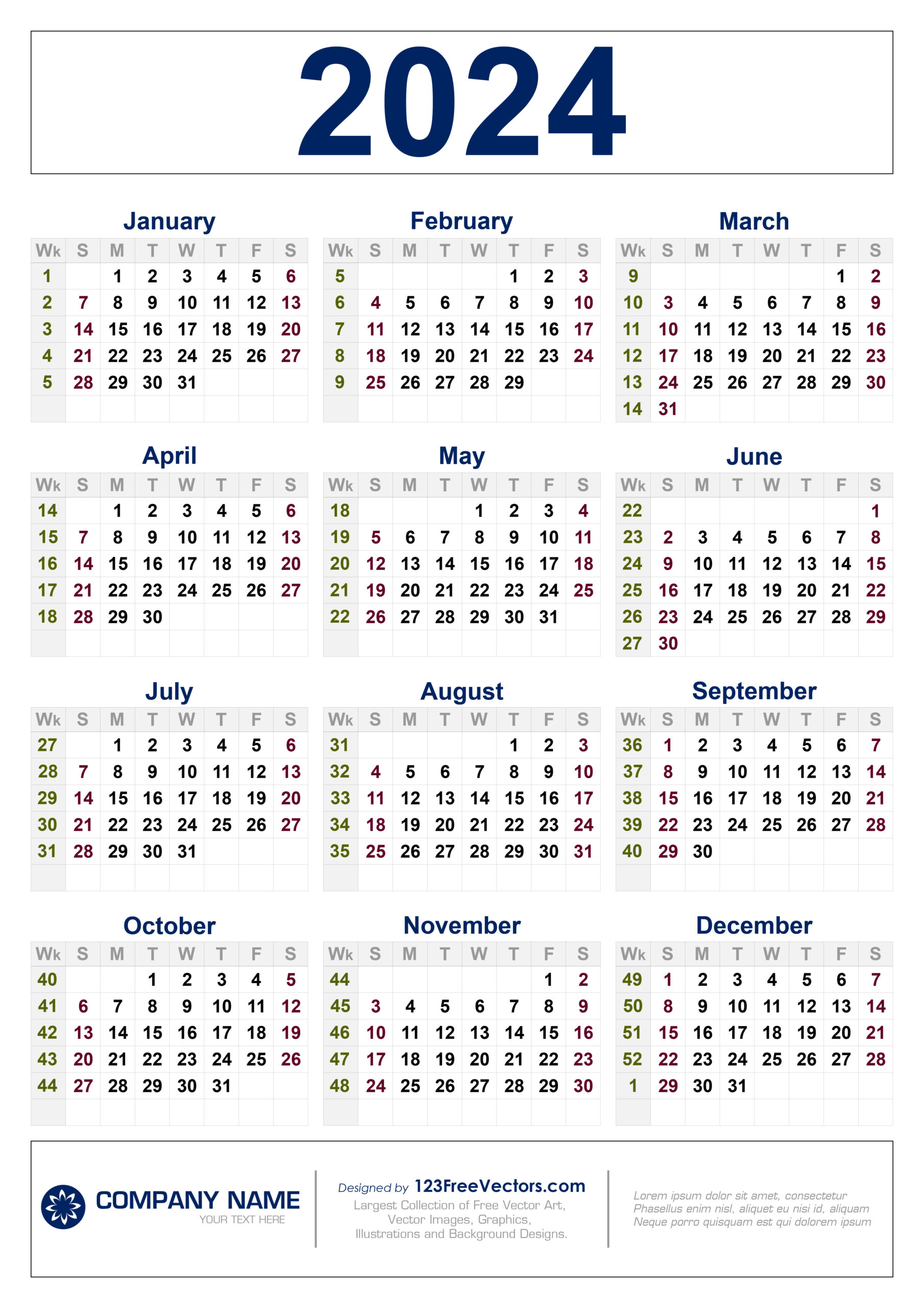 Free 2024 Calendar With Week Numbers |  Calendar 2024