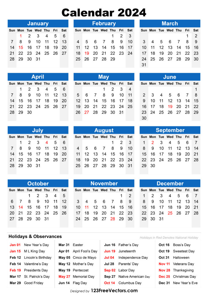 2024 Calendar with Holidays Printable | Calendar 2024 | Printable ...