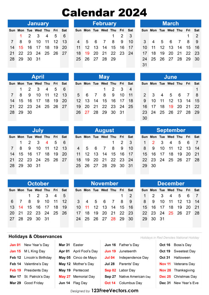 2024 Calendar with Holidays Printable | Calendar 2024