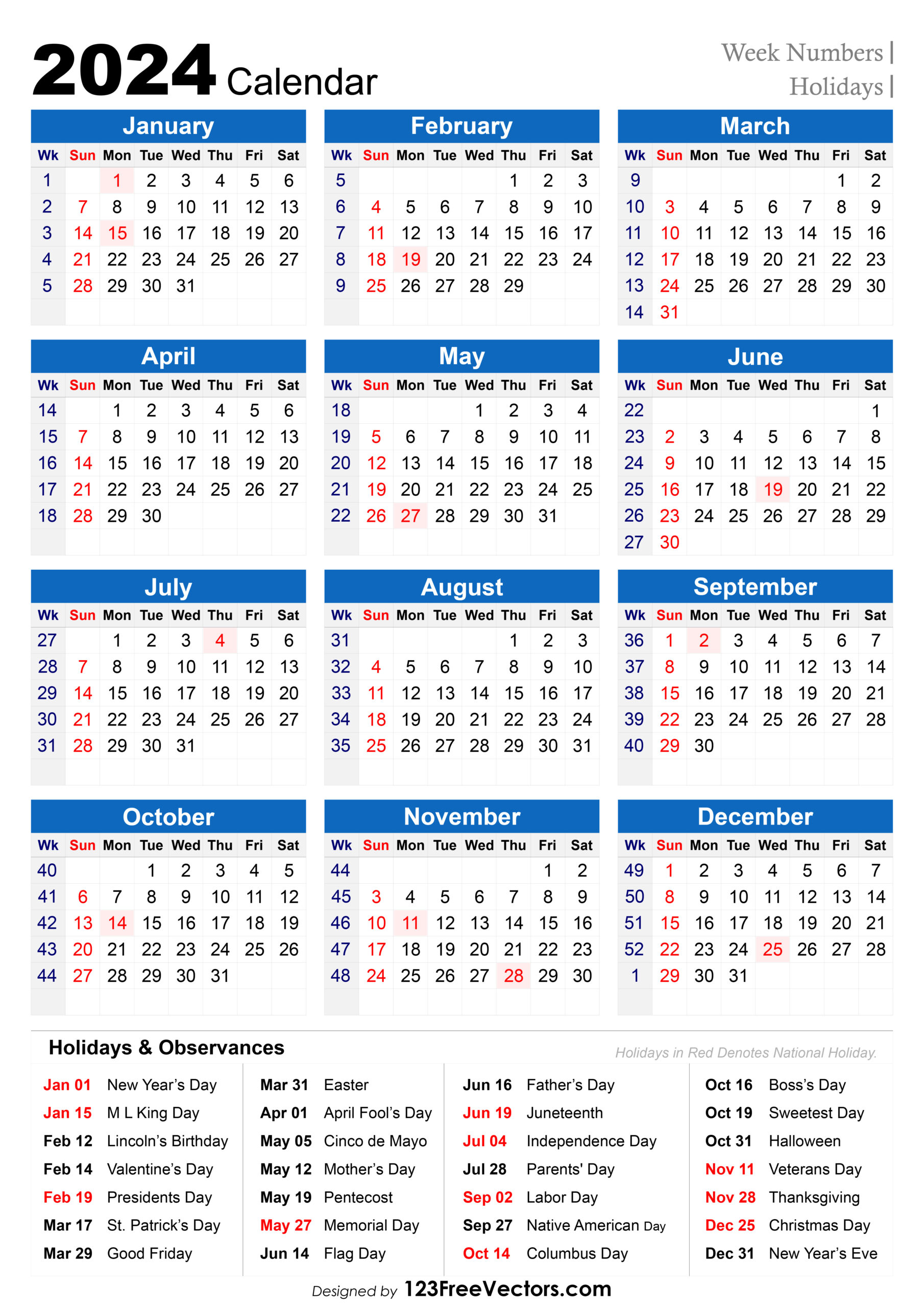 Free 2024 Holiday Calendar With Week Numbers | 2024 Calendar Printable With Federal Holidays