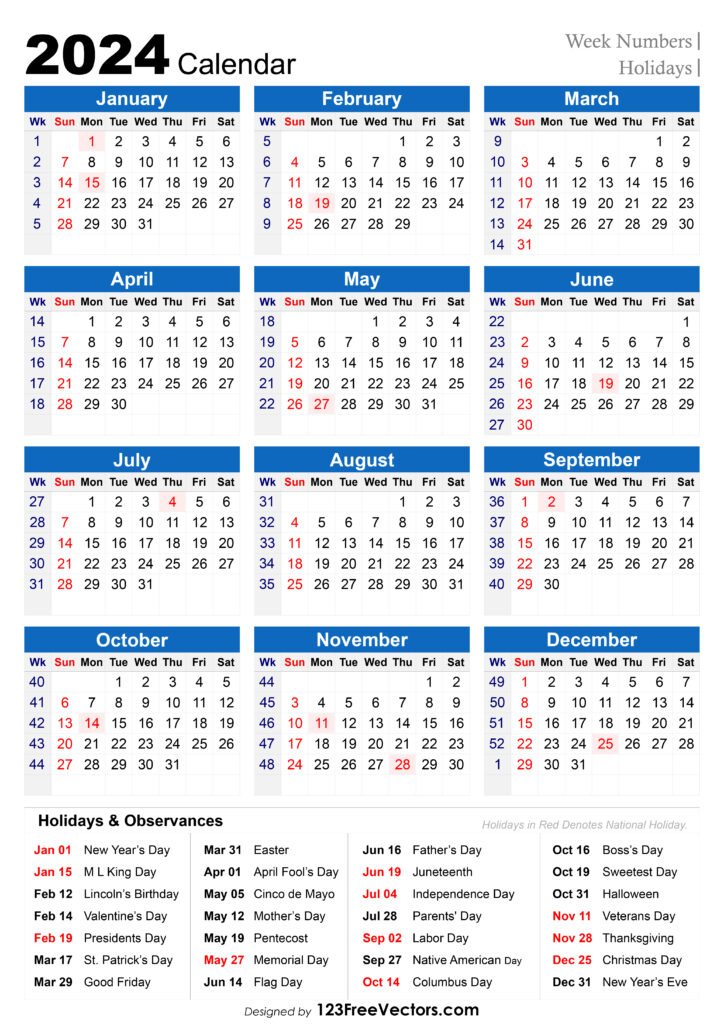 2024 Calendar with Holidays Printable Usa Calendar 2024 Printable