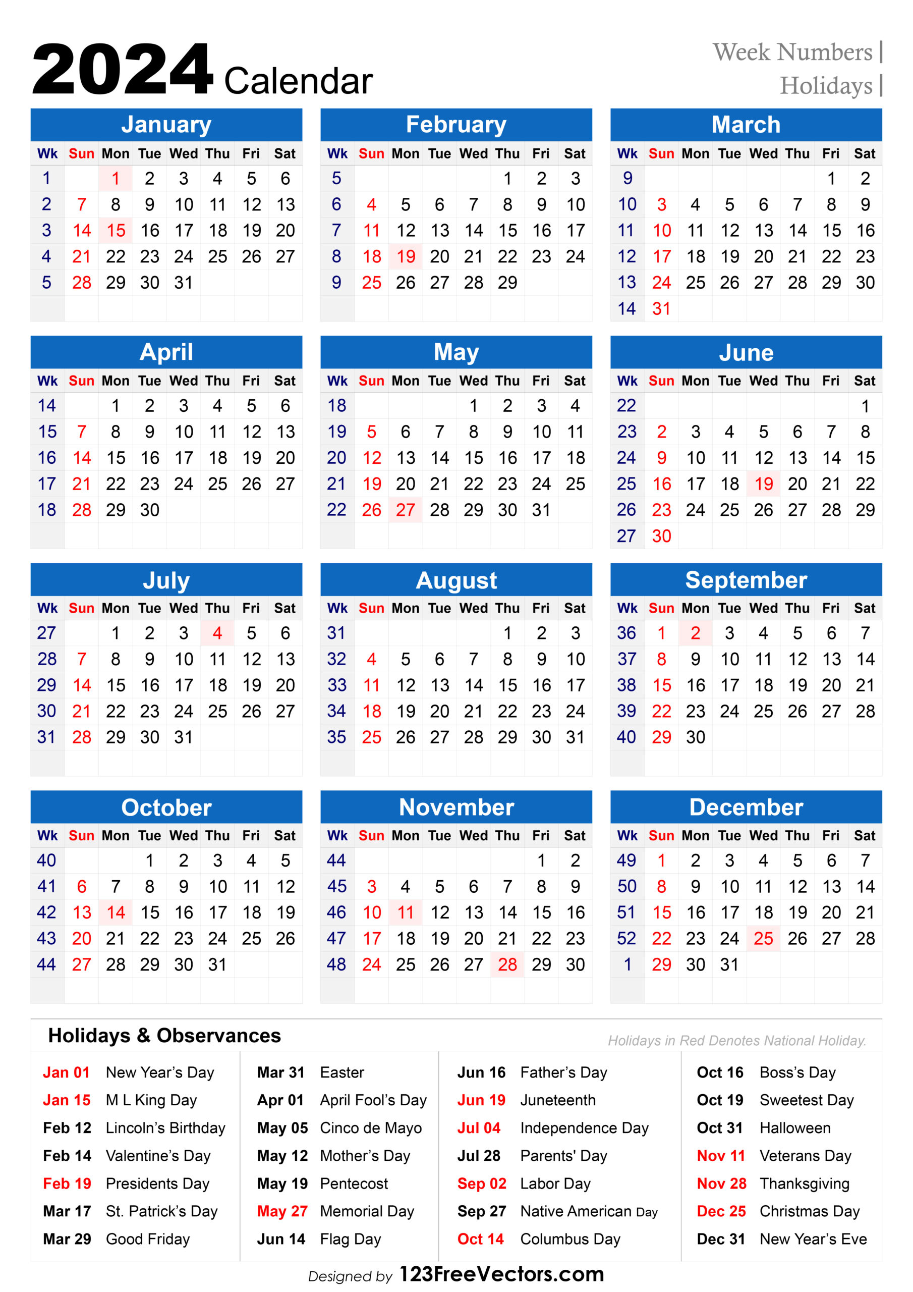 Free 2024 Holiday Calendar With Week Numbers | 2024 Holiday Calendar Usa Printable