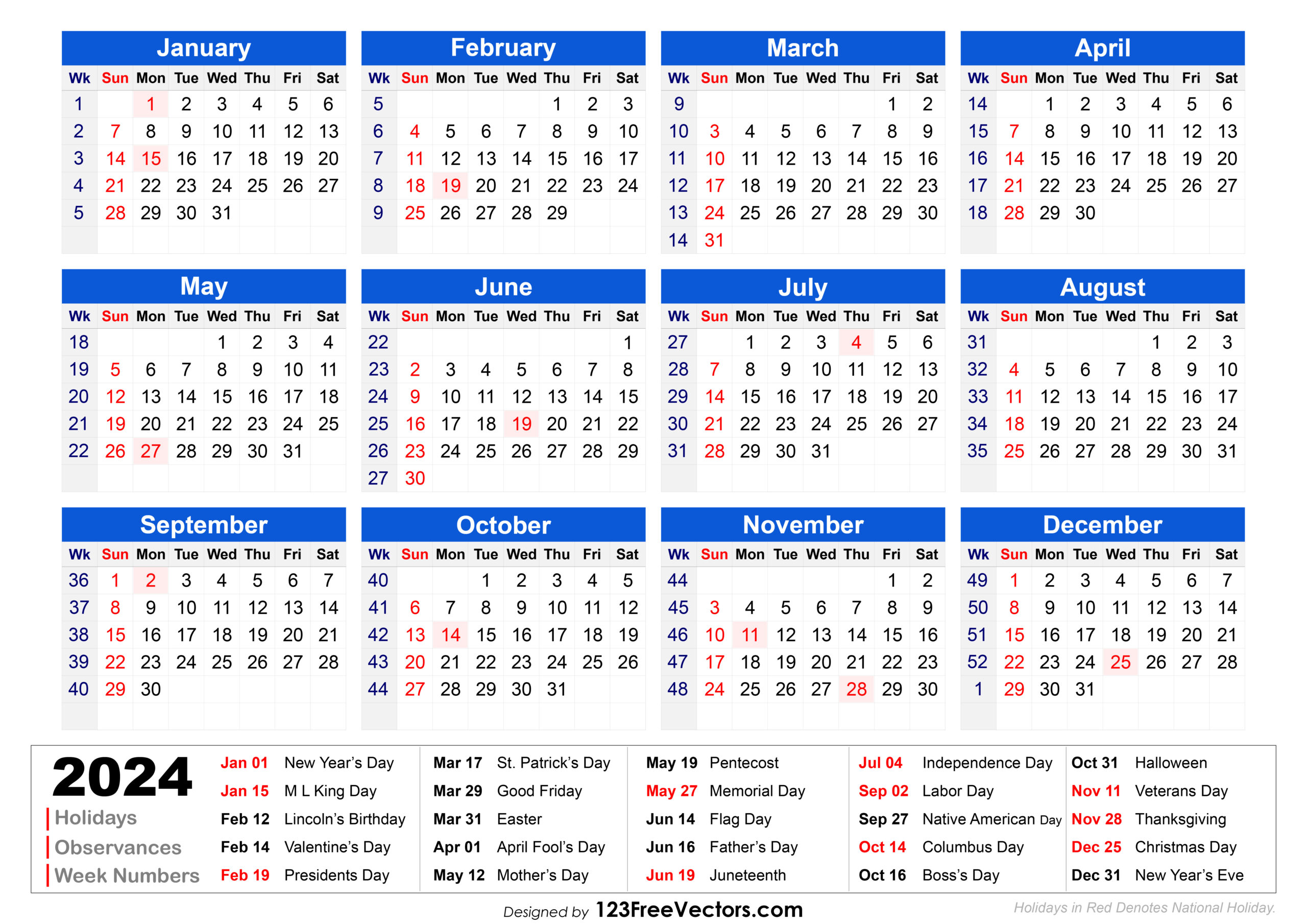 Free 2024 Holiday Calendar With Week Numbers Printable | 2024 Calendar Printable with Federal Holidays