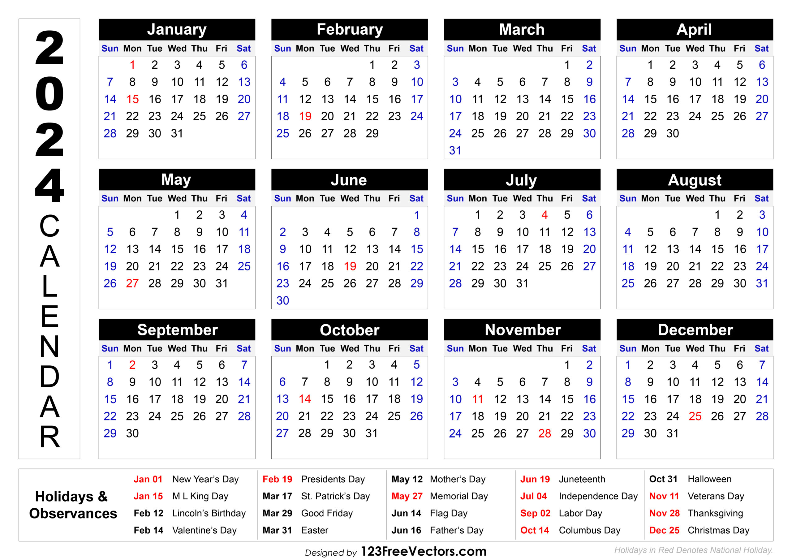 Free 2024 Printable Calendar With Holidays | 2024 Calendar Free Printable With Holidays