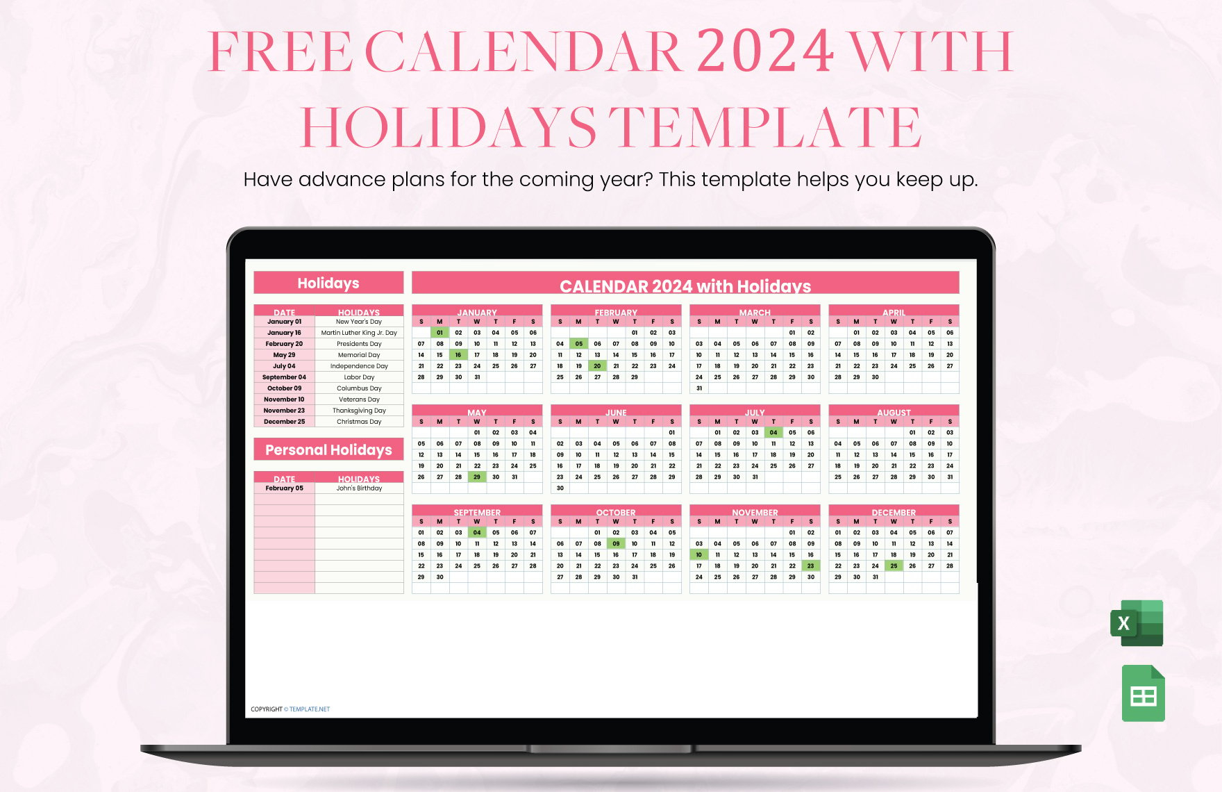 Free Calendar 2024 With Holidays Template - Download In Excel | 2024 Calendar With Holidays Printable Excel