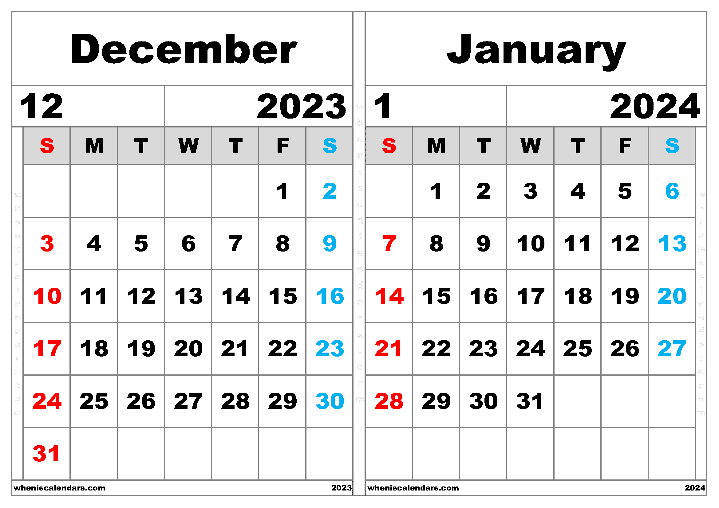 Free December 2023 And January 2024 Calendar (Dj2302) | December 2023 and January 2024 Calendar Printable