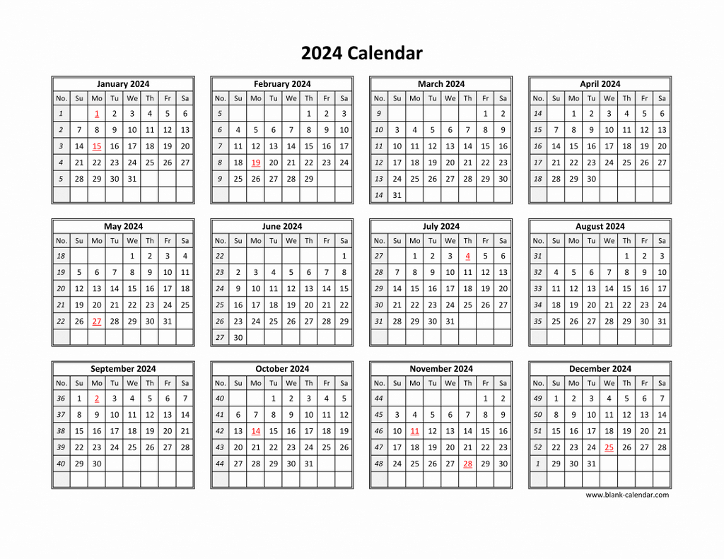 Free Download Printable Calendar 2024 In One Page, Clean Design. | 2024 12 Month Calendar On One Page Printable