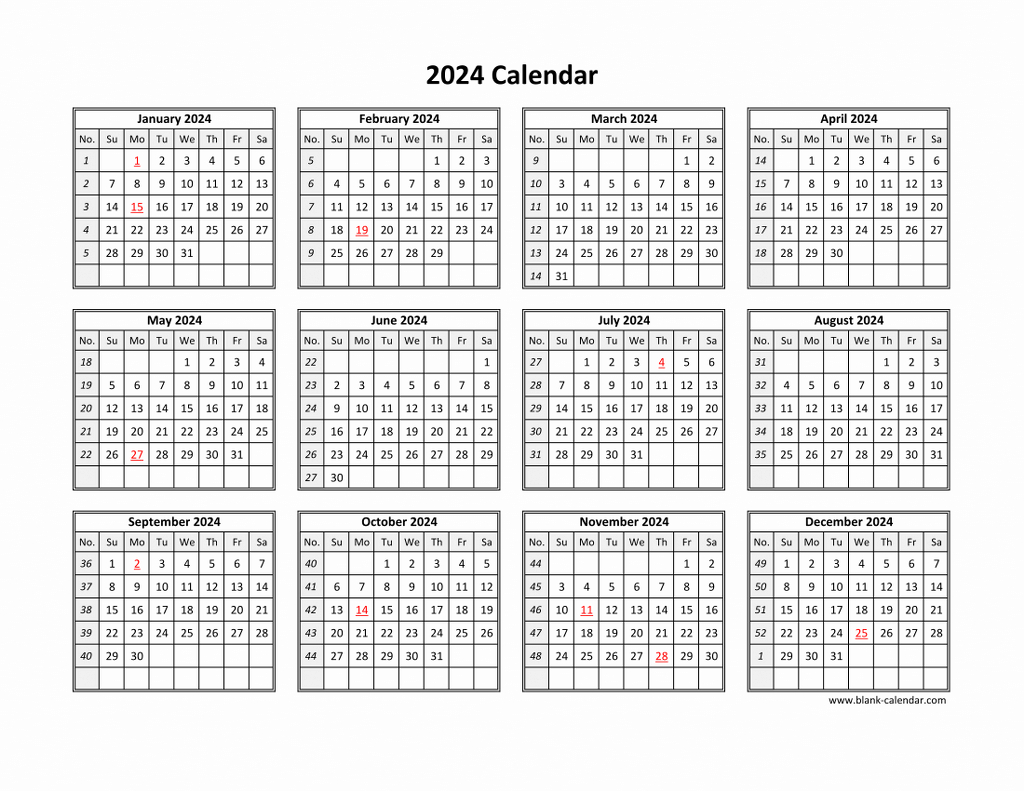 Yearly Calendar 2024 Printable One Page | Calendar 2024 | Printable ...