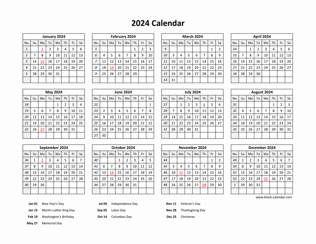 Free Download Printable Calendar 2024 With Us Federal Holidays | 2024 Calendar A4 Printable