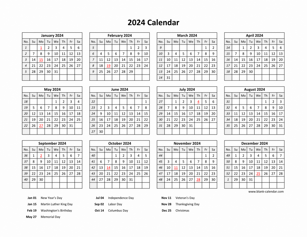 Free Printable Calendar 2024 with Us Holidays Calendar 2024