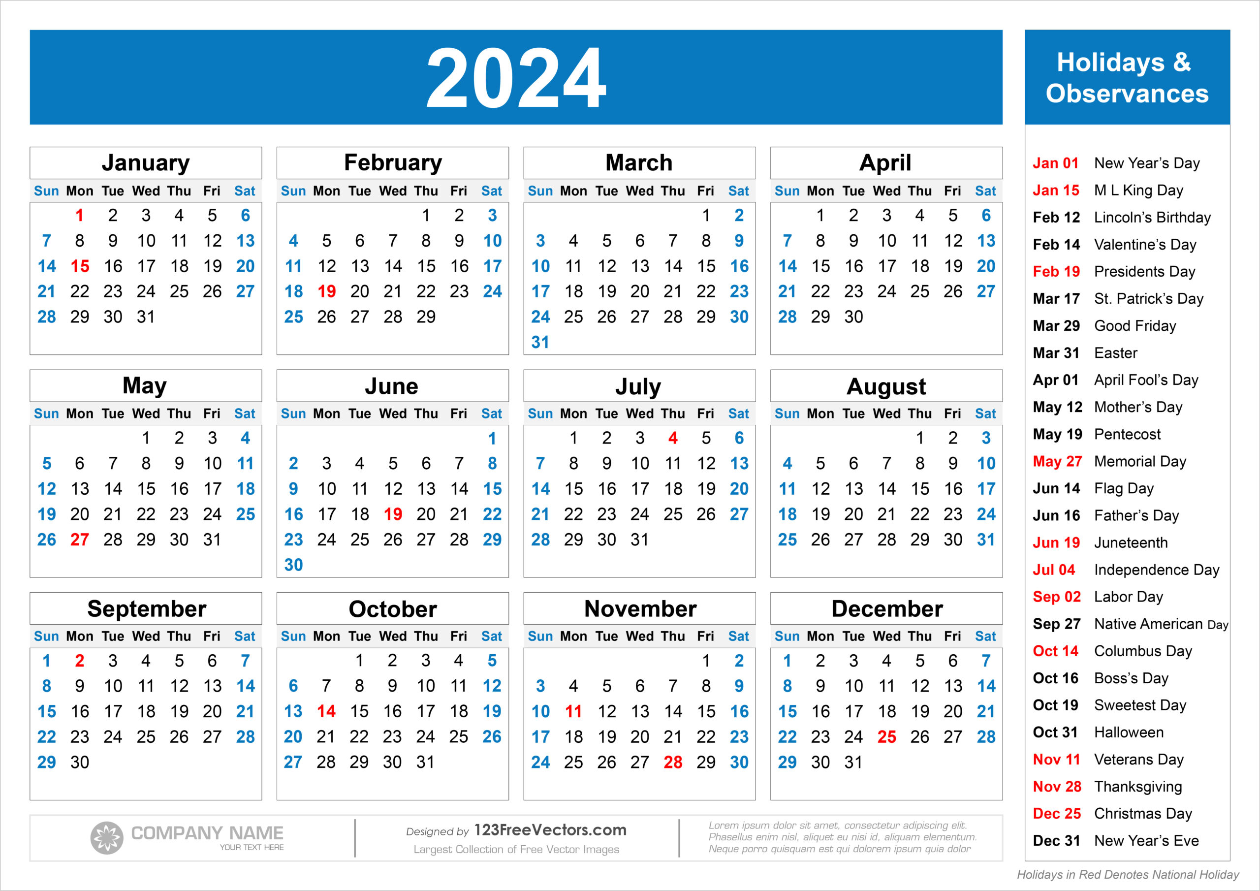 2024 Calendar Free Printable with Holidays | Calendar 2024 | Printable ...