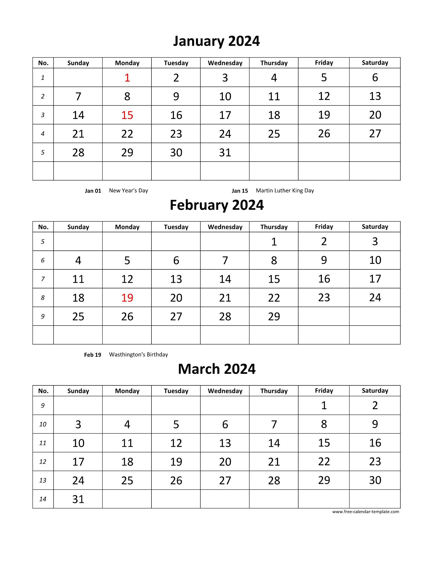 Free Monthly Calendar 2024, 3 Months Per Page (Vertical) | Free | 3 Month Calendar 2024 Printable