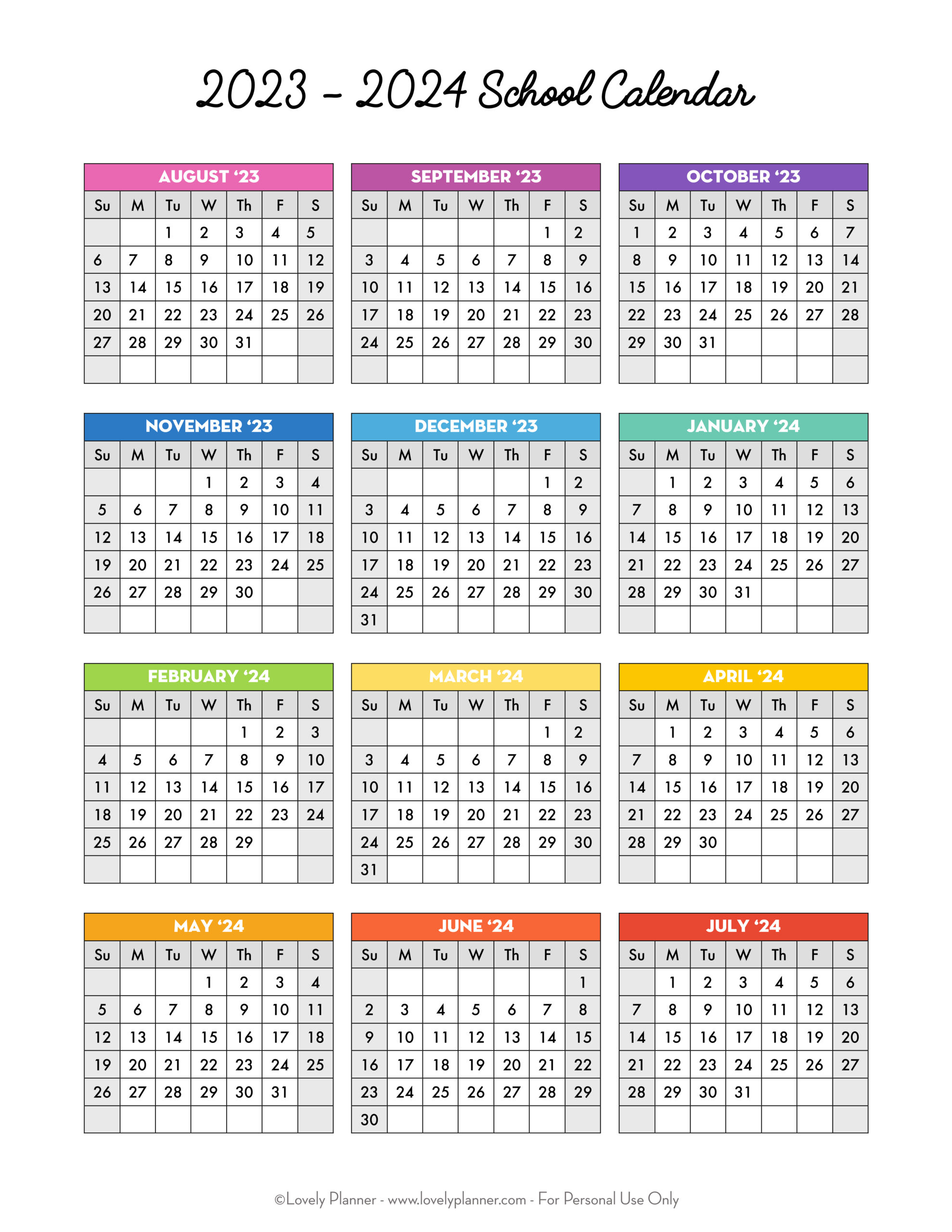 Free Printable 2023-2024 School Calendar - One Page Academic | 2023 and 2024 School Calendar Printable PDF Download