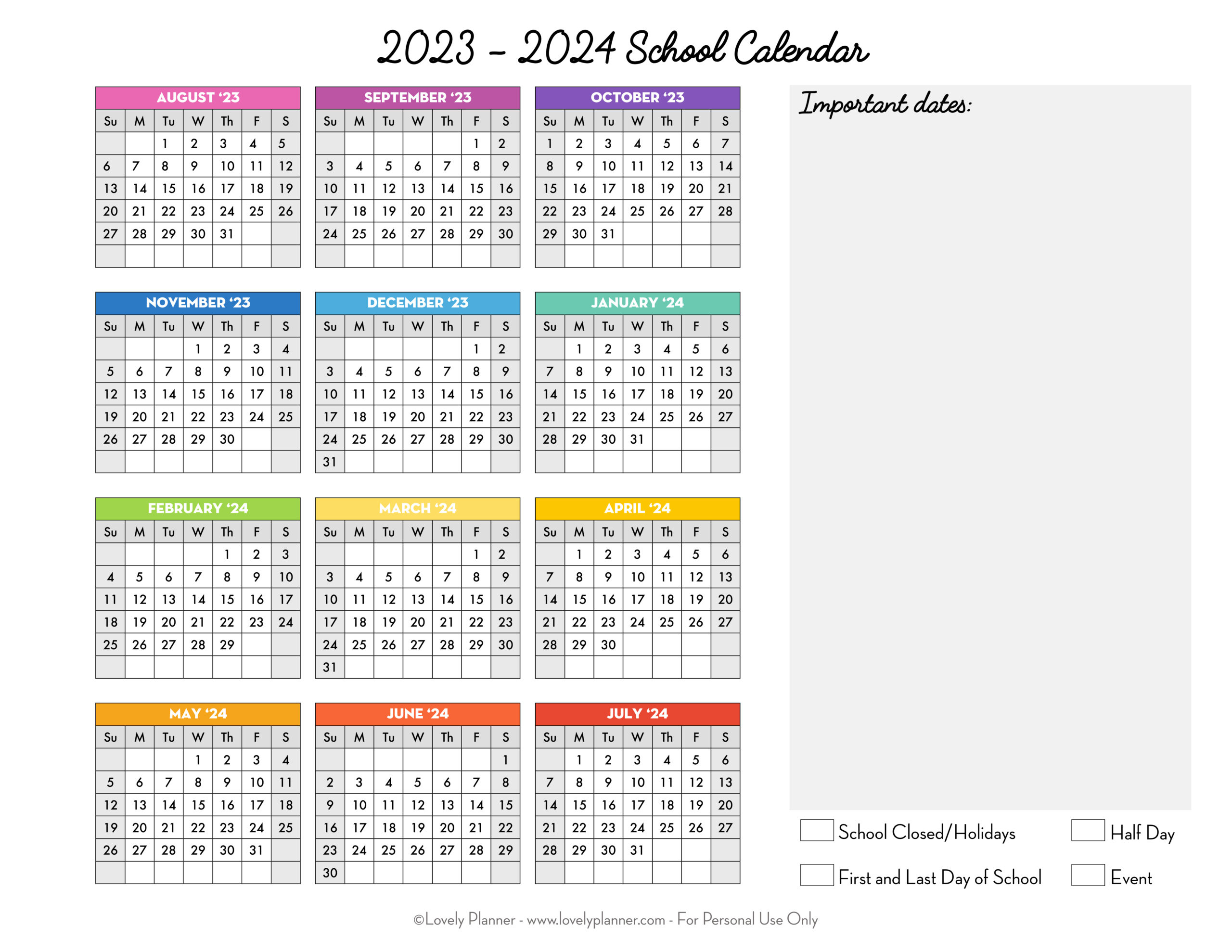 Free Printable 2023-2024 School Calendar - One Page Academic | 2024 12 Month Calendar On One Page Printable