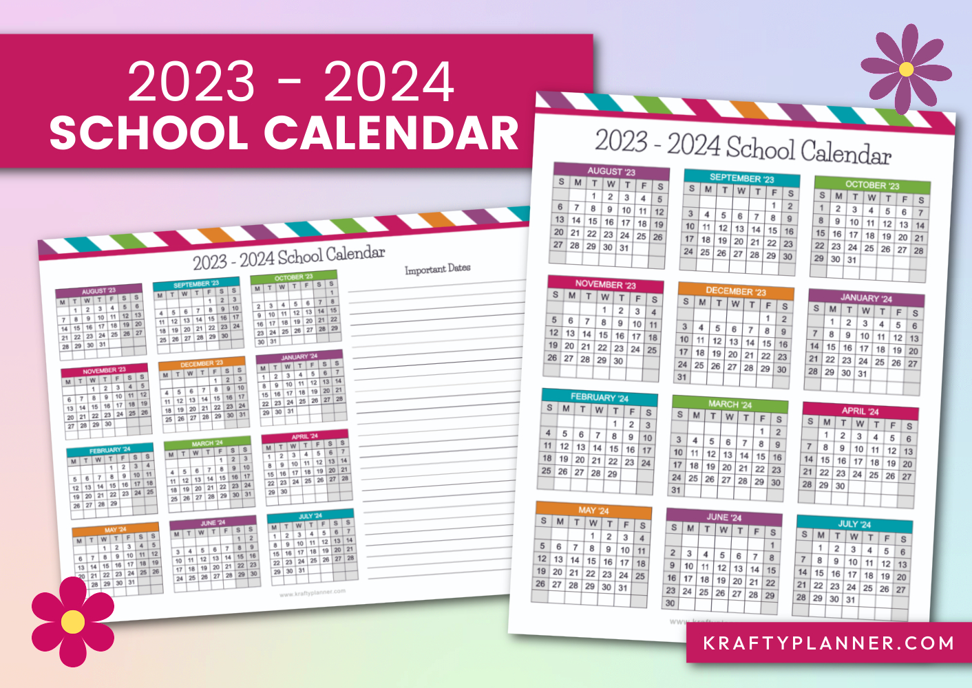 Free Printable 2023-2024 School Calendars — Krafty Planner | 2023 2024 Academic Calendar Printable