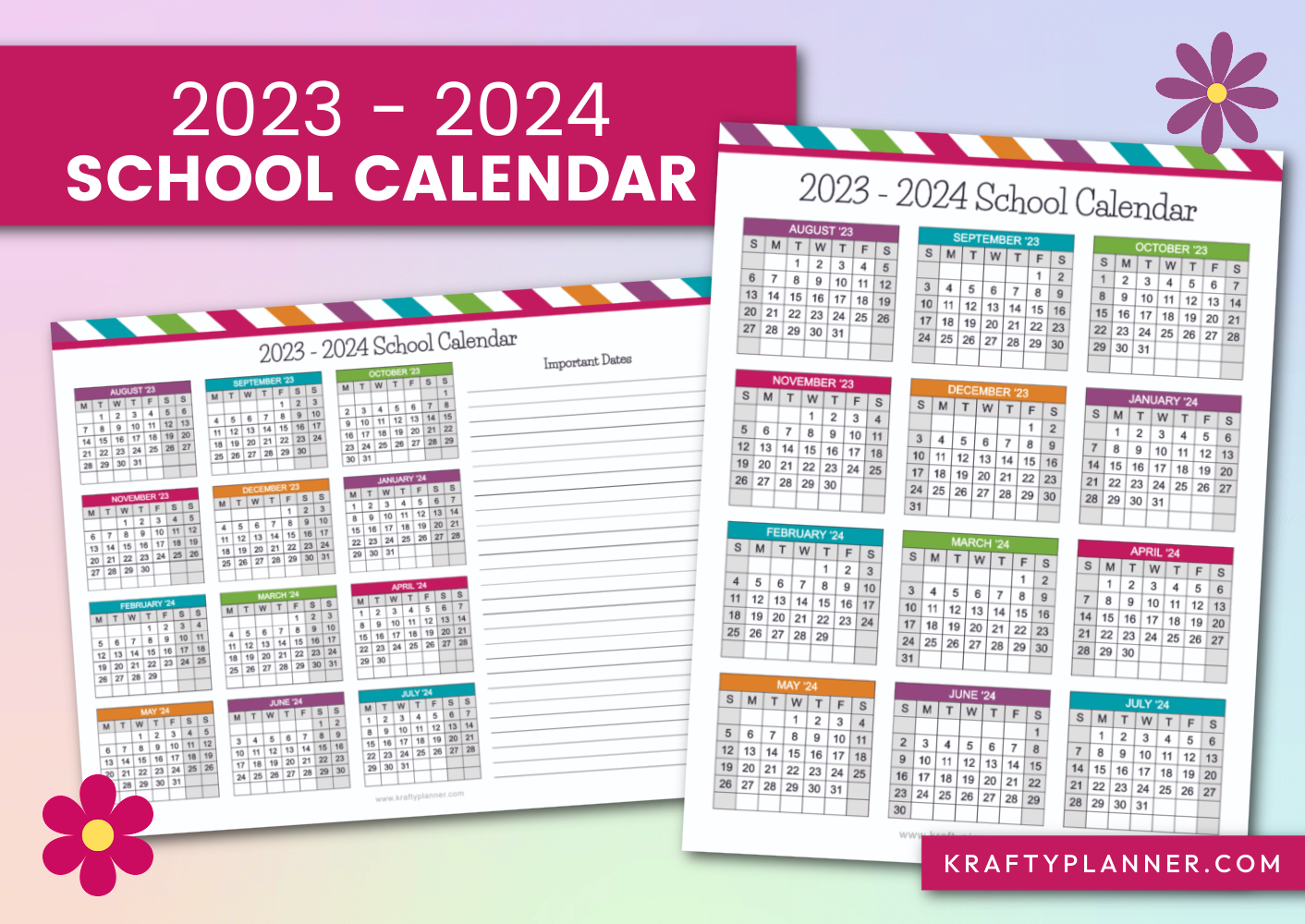 Free Printable 2023-2024 School Calendars — Krafty Planner | 2023 2024 Printable School Calendar