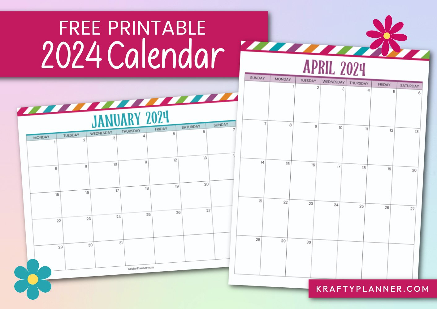 Free Printable 2024 Calendar — Krafty Planner | Printable Monthly 2024 Calendar