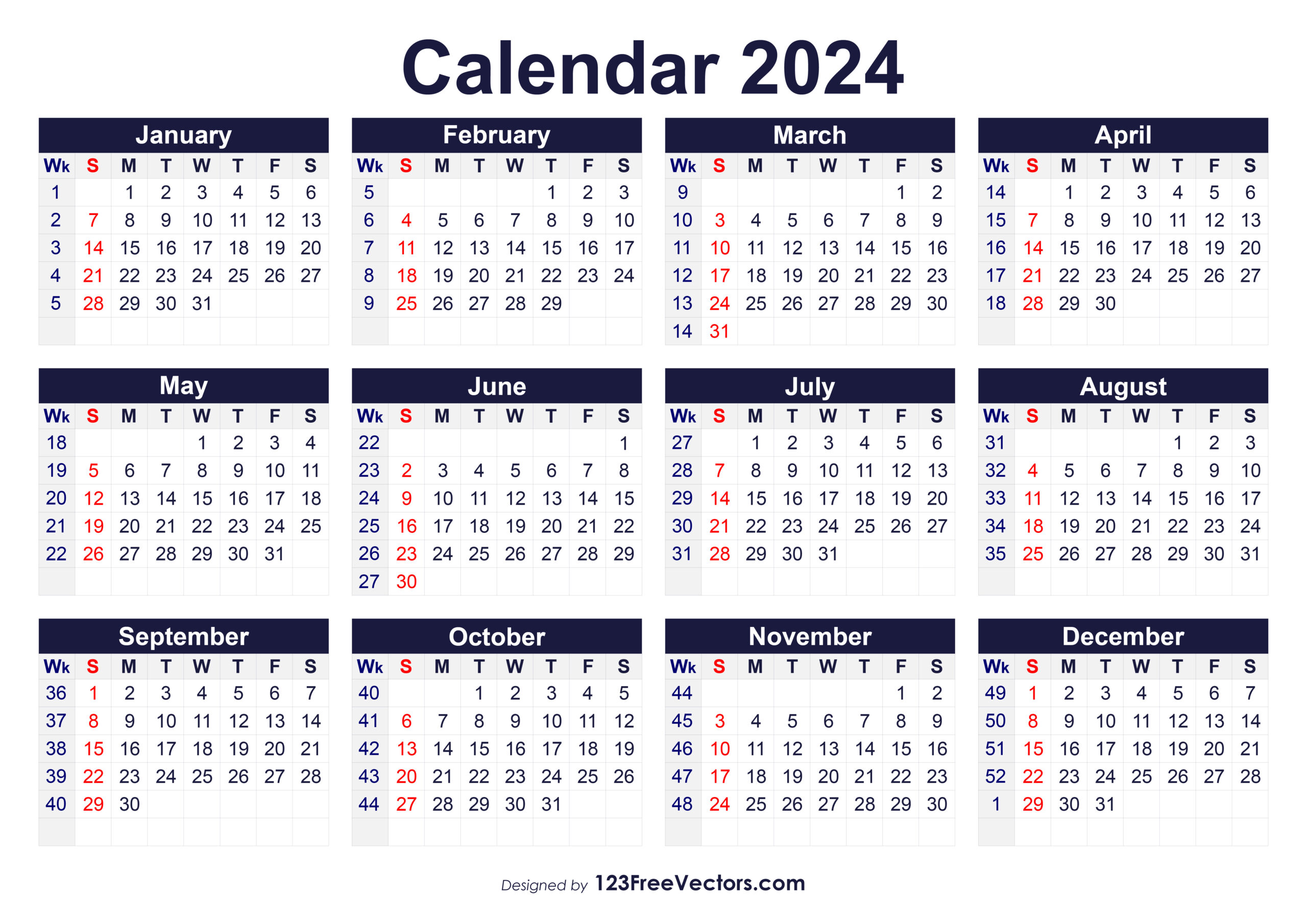 Free Printable 2024 Calendar With Week Numbers | 2024 Calendar Printable with Week Numbers