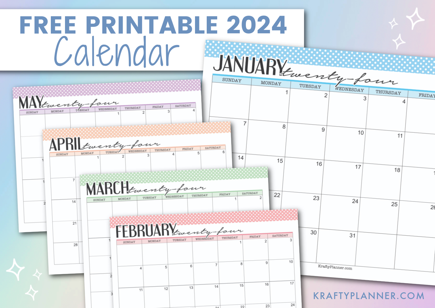 Free Printable 2024 Calendars (Color) — Krafty Planner | 2024 Monthly Calendar Printable Free