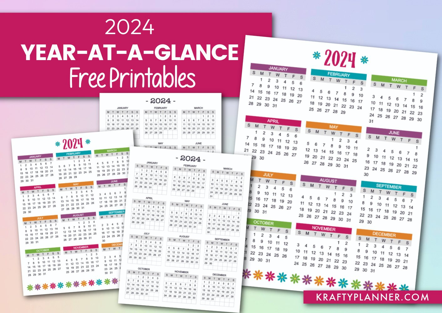 Free Printable 2024 Year-At-A-Glance Calendar — Krafty Planner |  Calendar 2024