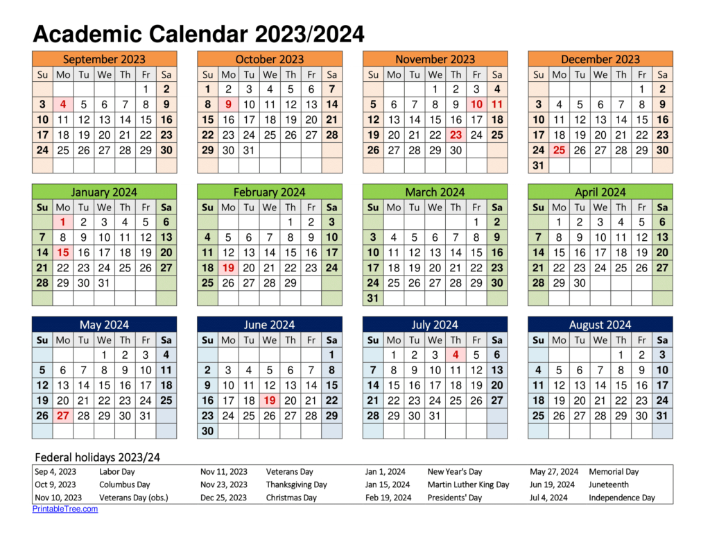 Free Printable Academic Calendar 2023 To 2024 Templates | 2023 And 2024 School Calendar Printable Pdf Download